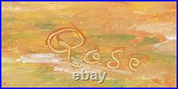 Framed Vintage Folk Art Oil Landscape Painting Signed Rose 28 by 22