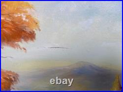 Framed Vintage Folk Art Oil Landscape Painting Signed Rose 28 by 22