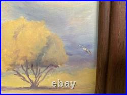 Framed Vintage Folk Art Oil Landscape Painting Signed Rose 28 by 22
