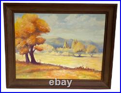 Framed Vintage Folk Art Oil Landscape Painting Signed Rose 28 by 22