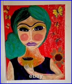 Frida Kahlo Original Painting Large Canvas Painting Morning Coffee