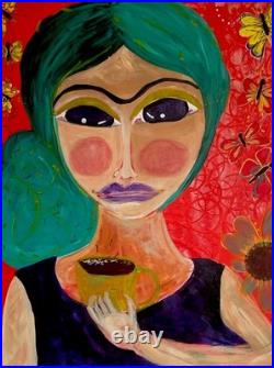 Frida Kahlo Original Painting Large Canvas Painting Morning Coffee