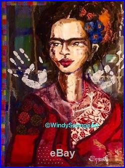 Frida Kahlo Original Painting Mexican Folk Art Day of the Dead Portrait Spring