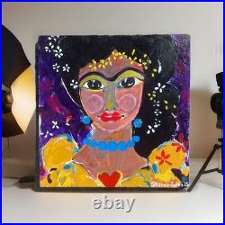 Frida Kahlo Original Painting Mexican Folk Art On Wood Gorgeous Color