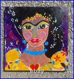 Frida Kahlo Original Painting Mexican Folk Art On Wood Gorgeous Color