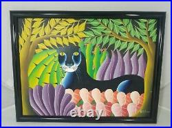 Fritz Philemon Original Haitian Black Cat Panther Vibrant Jungle Painting