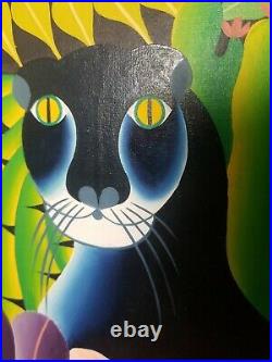 Fritz Philemon Original Haitian Black Cat Panther Vibrant Jungle Painting