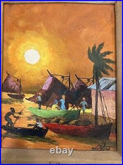 Fritzner Deluy Original Folk Painting Hatian Beach Listed