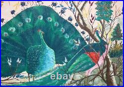 GESNER ABELARD-Haitian Folk Artist-Original Signed Acrylic-Peacocks & Trees