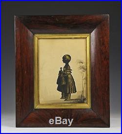 Great Antique MID 19c Folk Art Painting Silhouette Portrait Of Girl With Doll