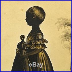 Great Antique MID 19c Folk Art Painting Silhouette Portrait Of Girl With Doll