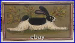 GREEN FOLK BUNNY Oil Painting on Wood LISA HILLIKER Country FOLK ART Rabbit