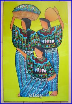 GUATEMALAN FOLK ART PAINTING Totonicapán Guatemala, Women Figures Blue Green