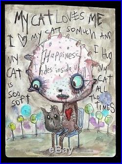 GUS FINK Art ORIGINAL Painting lowbrow outsider abstract folk MY CAT LOVES ME