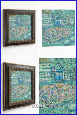 Garden Cottage Painting Framed Mixed Media Folk Impressionist 10x10