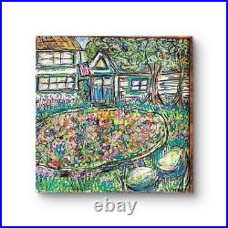 Garden Cottage Painting Framed Mixed Media Folk Impressionist 10x10