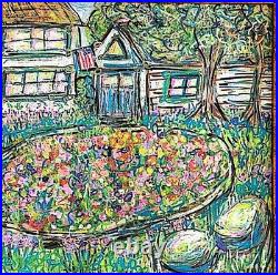 Garden Cottage Painting Framed Mixed Media Folk Impressionist 10x10