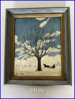 Genuine American Folk Art Winter Snow Scene On Linoleum Signed Jim Beam