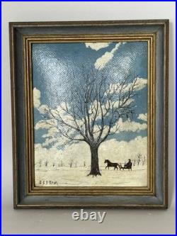 Genuine American Folk Art Winter Snow Scene On Linoleum Signed Jim Beam