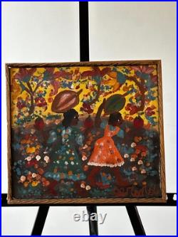 Gerard Fortune Signed Haitian Folk Art Oil Painting Women Orchard Framed
