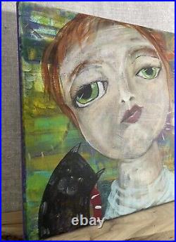 Gingy Girl Cat OOAK Folk Art 14 X 14 X 3/4 Wrapped Canvas Annette Harford