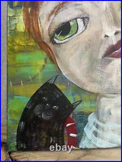 Gingy Girl Cat OOAK Folk Art 14 X 14 X 3/4 Wrapped Canvas Annette Harford