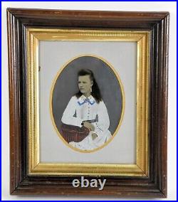 Girl Long Hair Frame Antique Tintype Photo Painted Victorian Folk Art Decor 1800