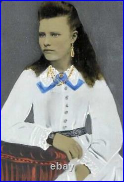 Girl Long Hair Frame Antique Tintype Photo Painted Victorian Folk Art Decor 1800