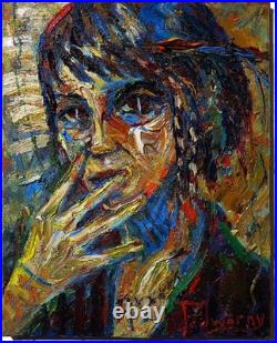 Girl Portrait Oil? Painting Realism Art? Signed Vintage Original Outsider Scream A