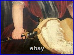 Girl With Feathered Hat Oil Painting Antique Large Magnificent Frame Folk Art