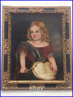 Girl With Feathered Hat Oil Painting Antique Large Magnificent Frame Folk Art