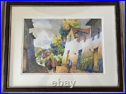 Gorgeous Water Color Peruvian Village Street Scene Framed Signed Jorge'06