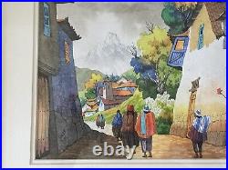 Gorgeous Water Color Peruvian Village Street Scene Framed Signed Jorge'06