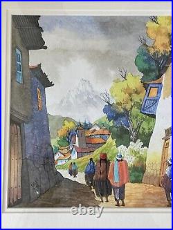 Gorgeous Water Color Peruvian Village Street Scene Framed Signed Jorge'06