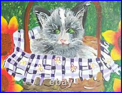 Gray Cat In Basket Sunflowers Folk Art Naive Outsider Painting Ashley Friday