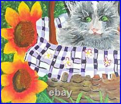 Gray Cat In Basket Sunflowers Folk Art Naive Outsider Painting Ashley Friday