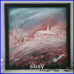 Great Church Folk Art Painting On Red Hill Framed Signed by Max Kravt Expressive