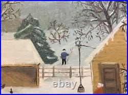 Great Vintage Americana Folk Art Naive Winter Farm Landscape Oil Painting AAFA