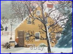 Great Vintage Americana Folk Art Naive Winter Farm Landscape Oil Painting AAFA