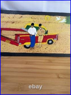 Gullah Folk Art Woodburning Painting Rev. J. F. Simmons Cadillac Truck Signed