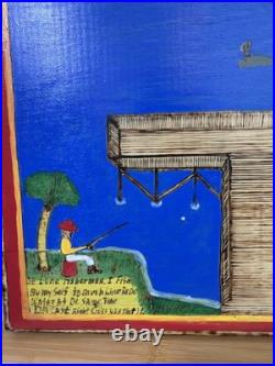 Gullah Folk Art Woodburning Painting Rev. J. F. Simmons Lone Fisherman Signed