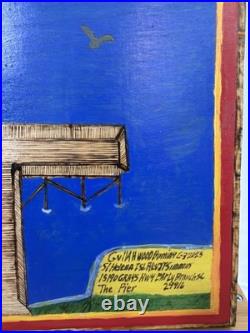 Gullah Folk Art Woodburning Painting Rev. J. F. Simmons Lone Fisherman Signed