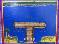 Gullah Folk Art Woodburning Painting Rev. J. F. Simmons Lone Fisherman Signed