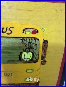 Gullah Folk Art Woodburning Painting Rev. J. F. Simmons School Bus Signed