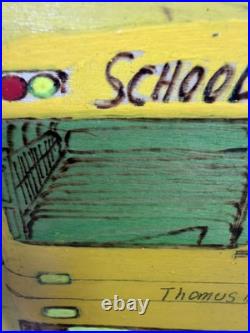 Gullah Folk Art Woodburning Painting Rev. J. F. Simmons School Bus Signed