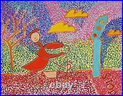 HAPPY CHILD With FRENCH BERET RIDING BICYCLE Original signed FOLK ART OIL PAINTING