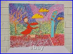 HAPPY CHILD With FRENCH BERET RIDING BICYCLE Original signed FOLK ART OIL PAINTING