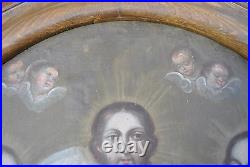 HUGE + MAGNIFICENT Mexican 19th Century Retablo Oval Painting Holy Trinity
