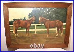 HUGE vintage original Ellen Paula Orrego 1976 Folk Art two horse painting art