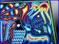 HUICHOL YARN PAINTING Brother Blue Deer Signed Art Mexican Folk Art Bautista